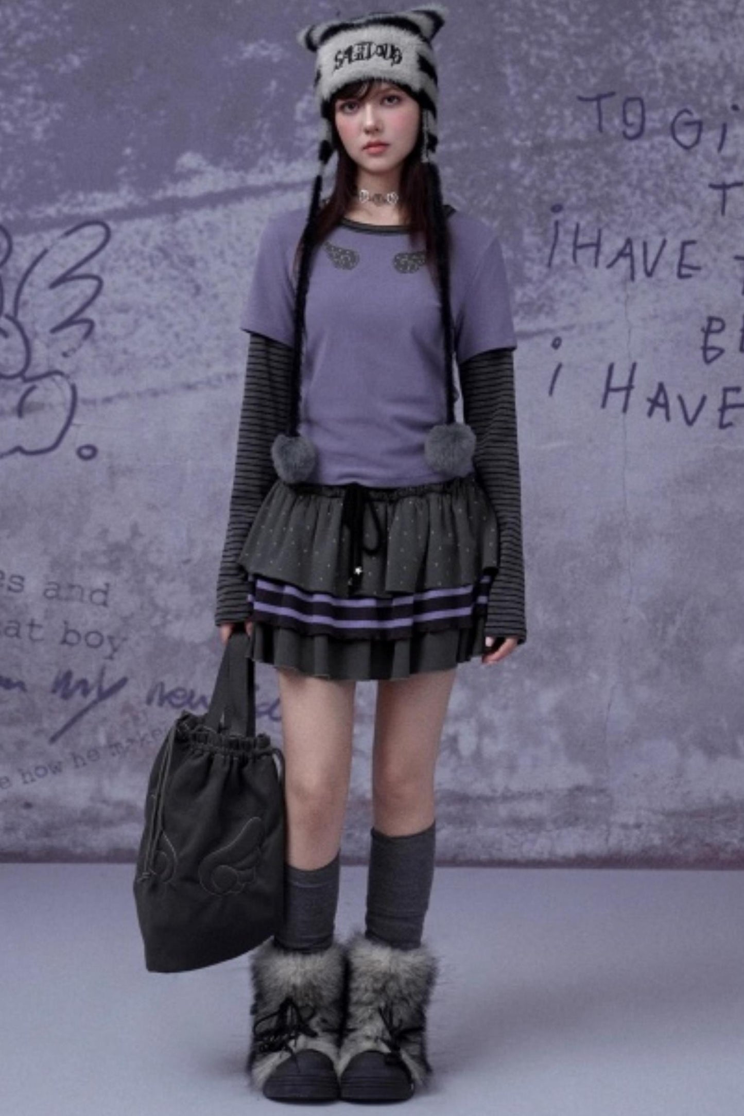 Striped Faux Mink Cat Ear Hat