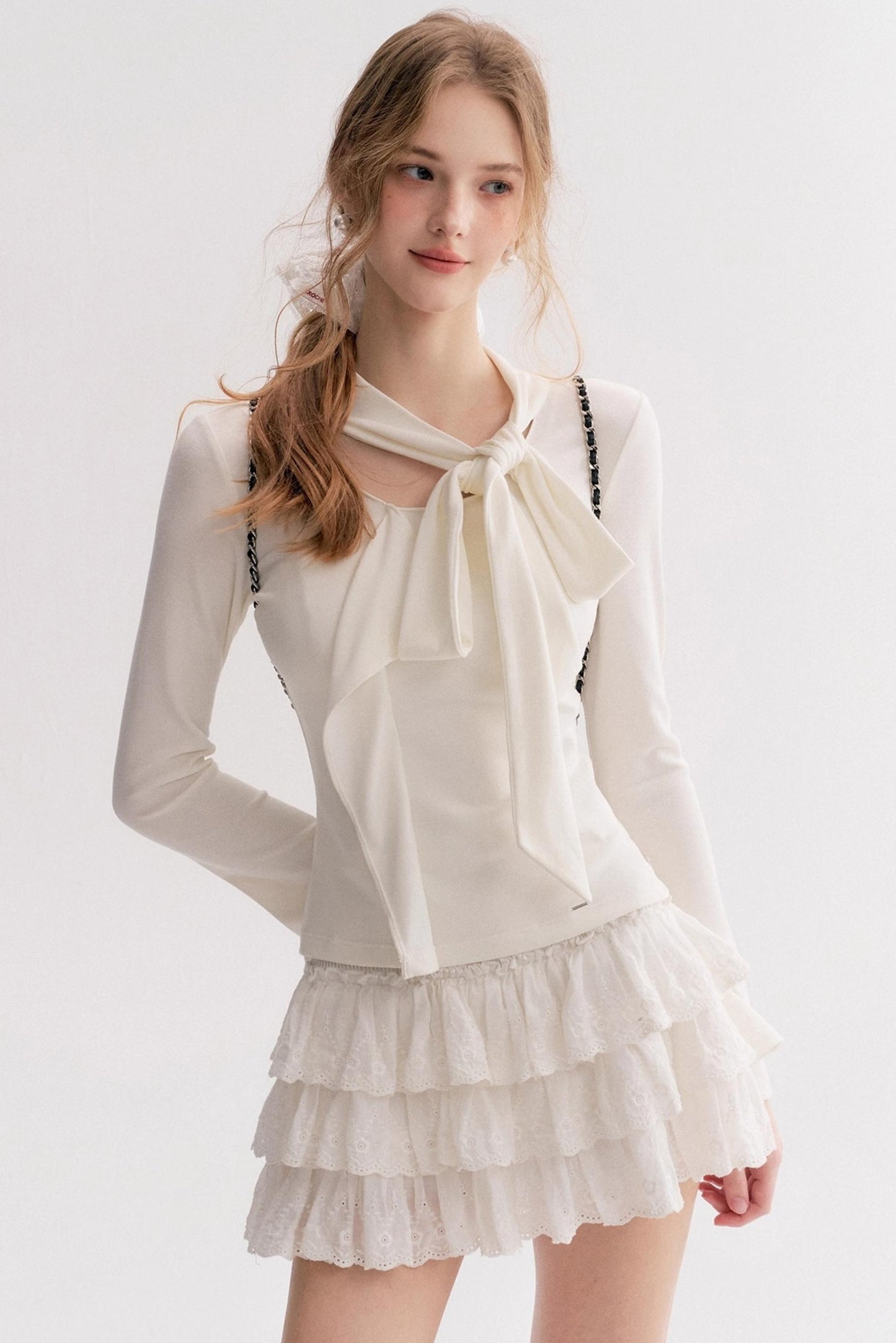 Romantic French Streamer Bow V-Neck Slim T-Shirt