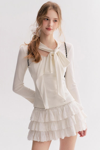 Romantic French Streamer Bow V-Neck Slim T-Shirt