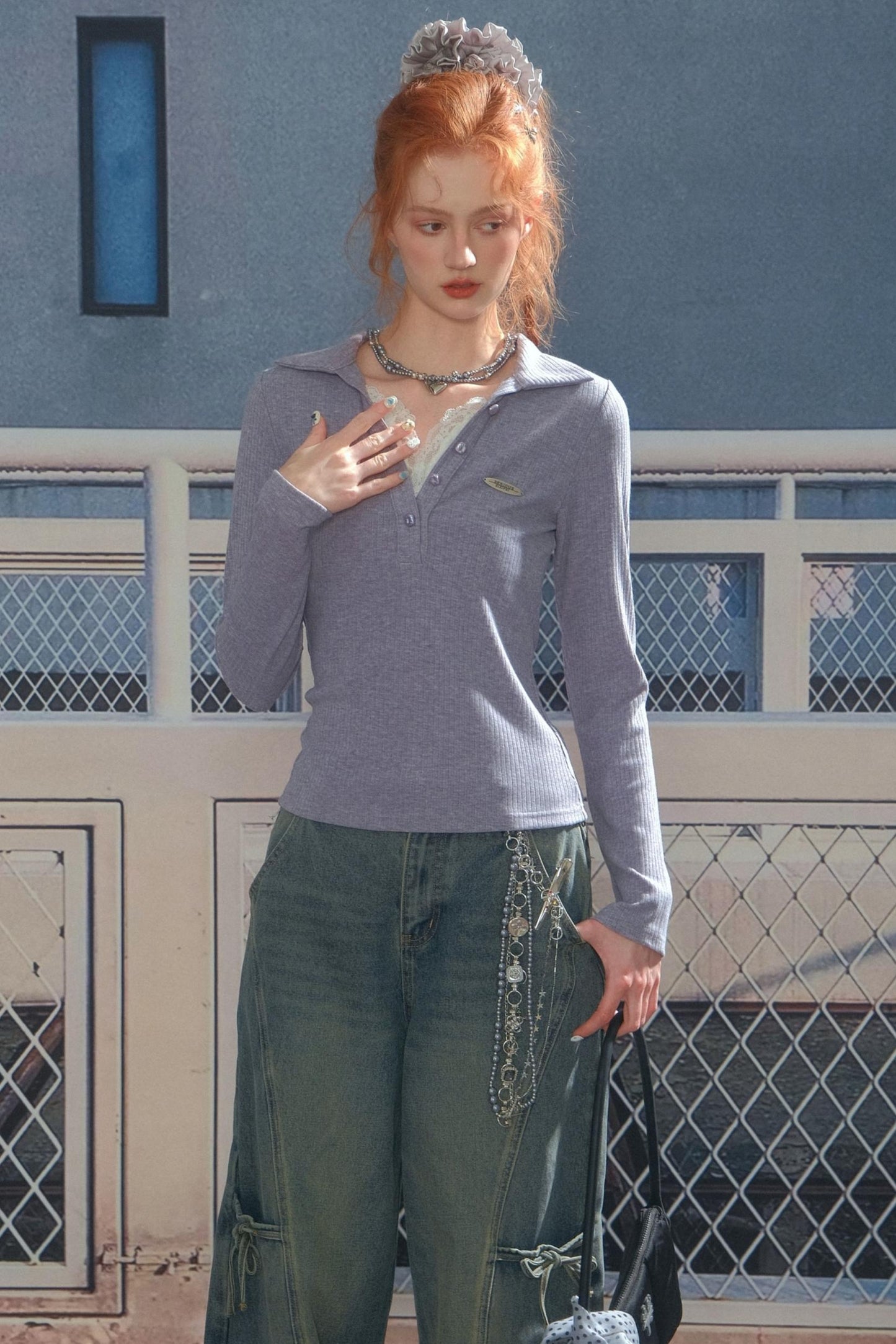 American Lace Polo Collar Knit Top