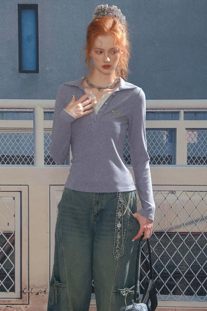 American Lace Polo Collar Knit Top