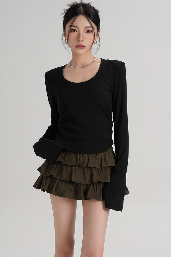 Crew Neck Waist Slimming Long-Sleeved T-Shirt