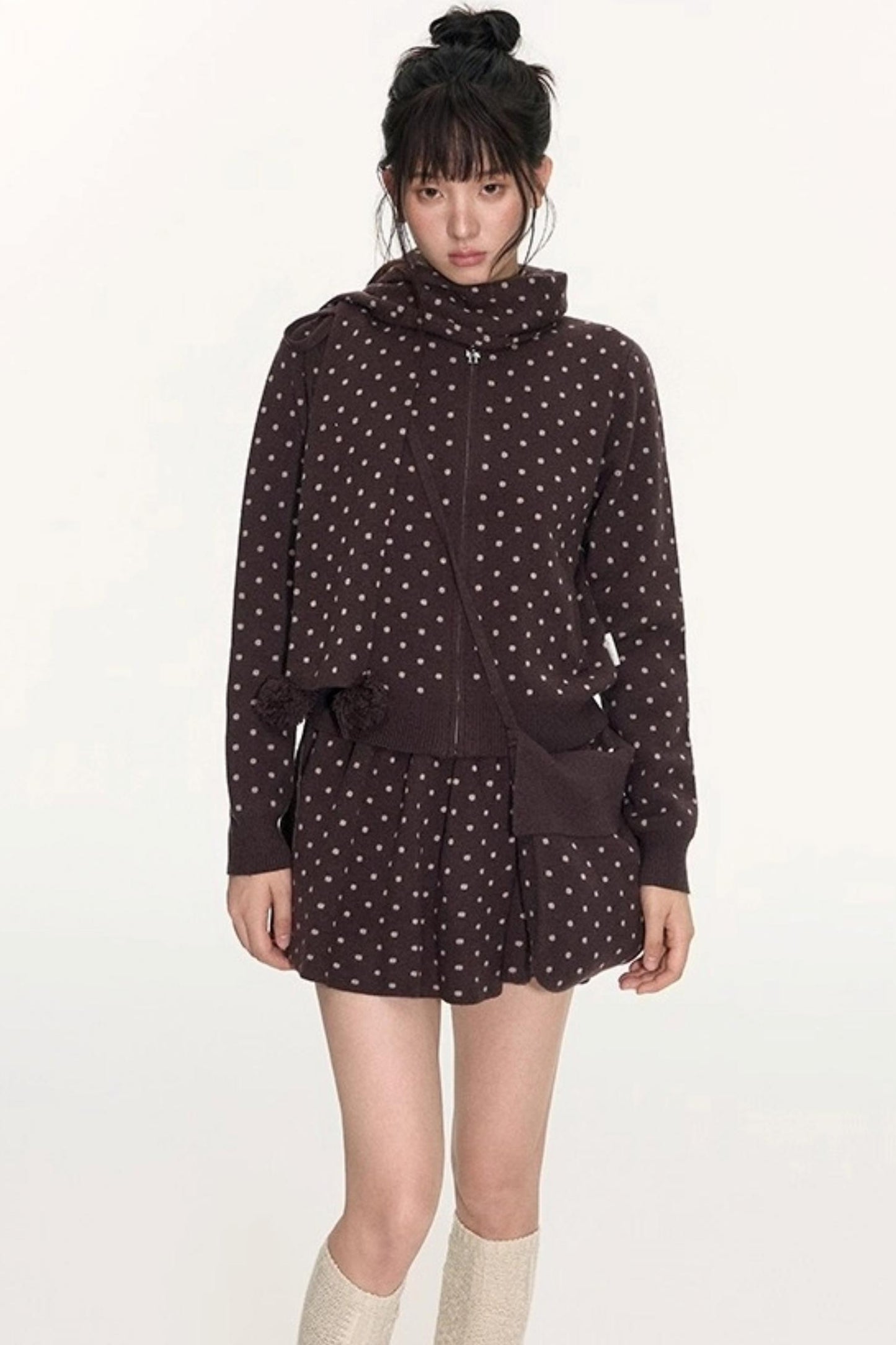 Polka Dot Hooded Knit Sweater Skirt Set-Up