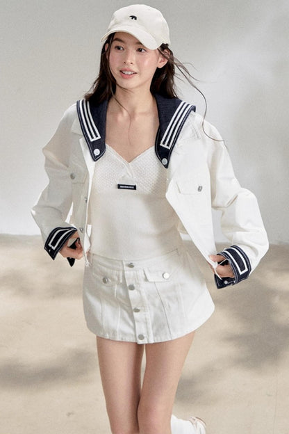 White Navy Short Denim Jacket Set-Up