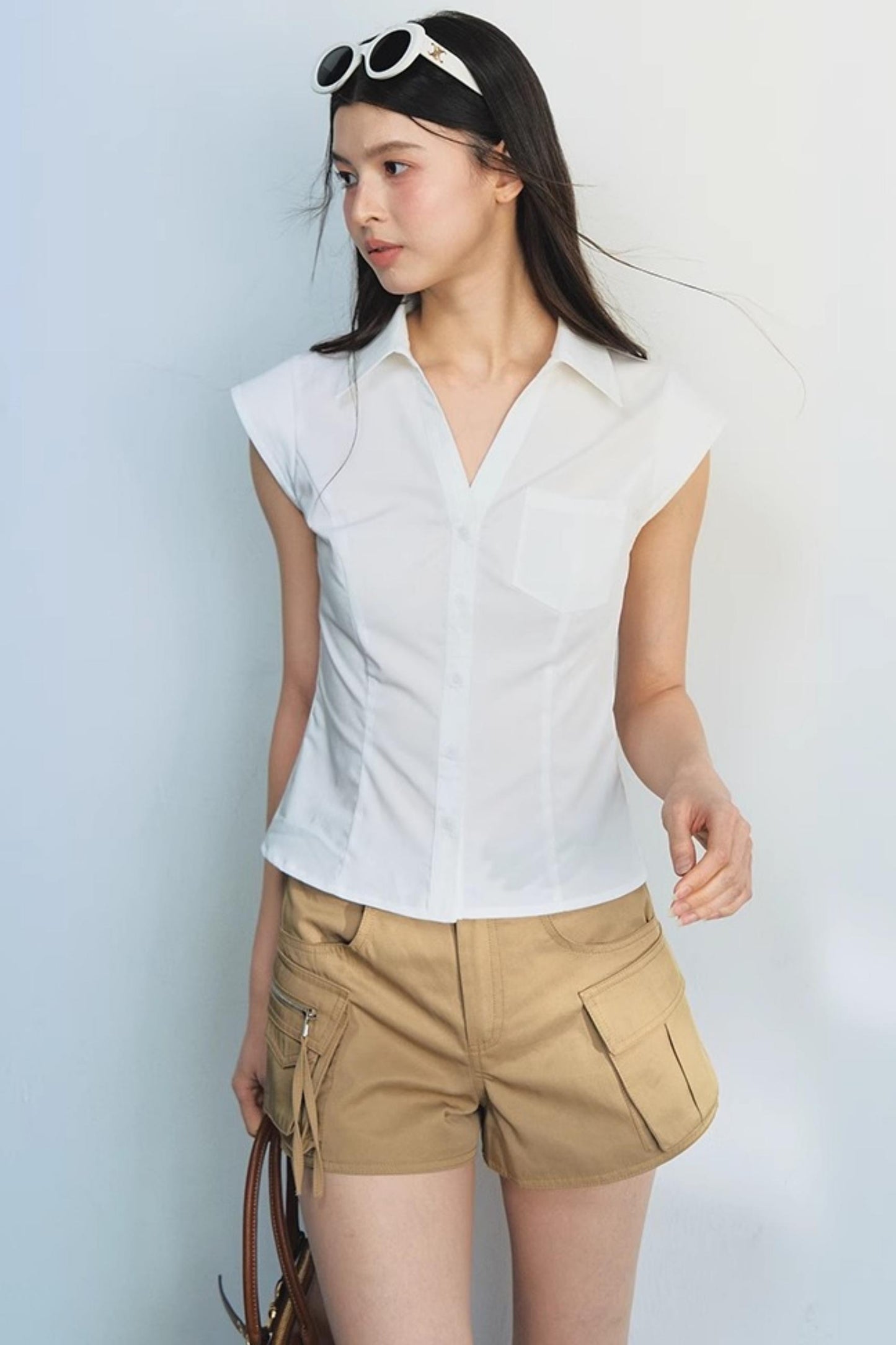 White Dash Sleeve Waist-Trim Shirt Set-Up