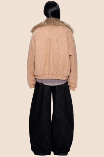 Faux Suede Fur Collar Jacket