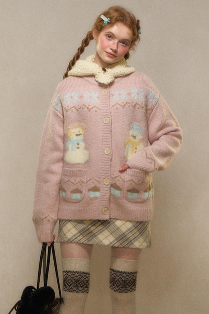 Vintage Snowman Jacquard Knit Cardigan