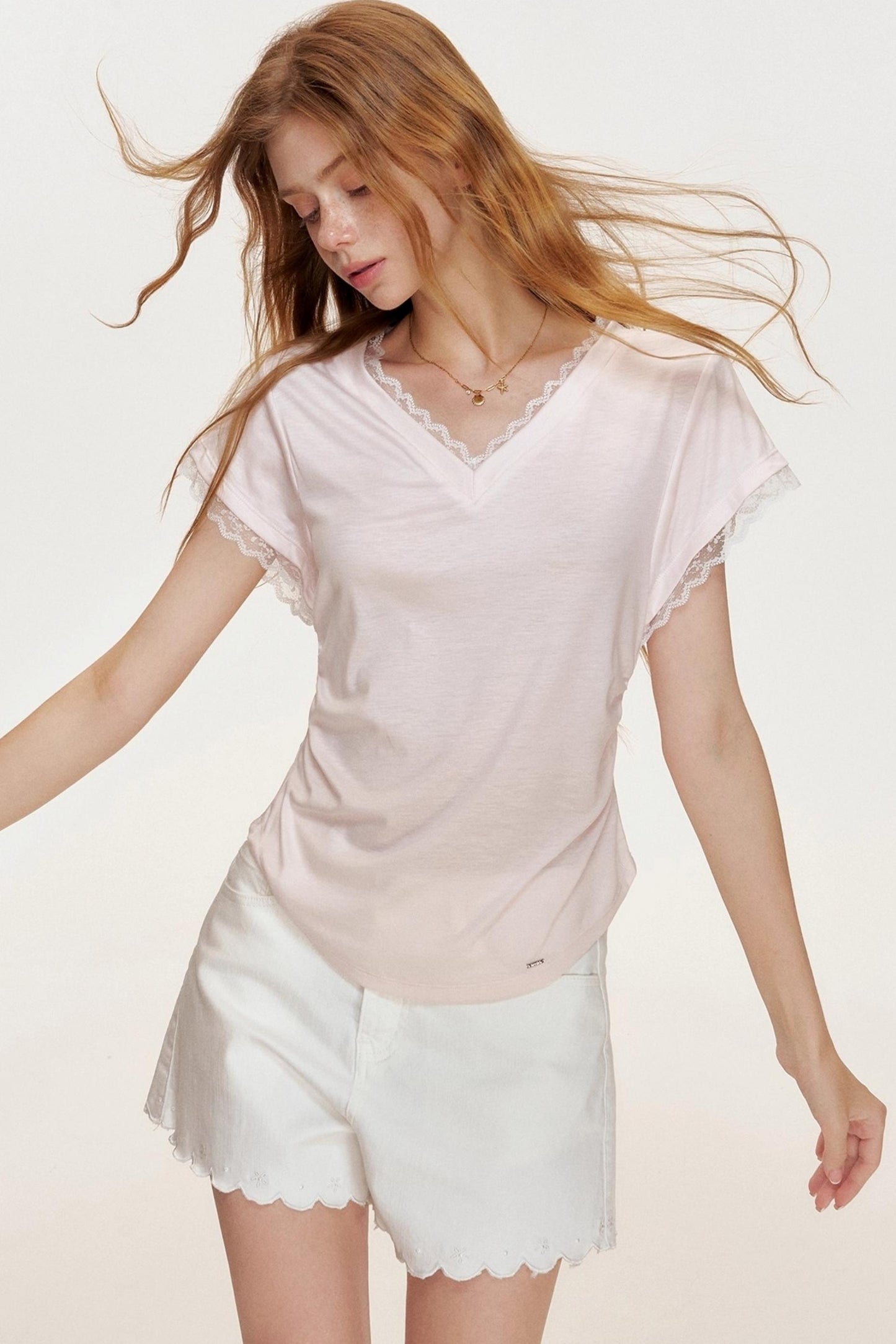 Floral Lace Shirring Short Sleeve T-Shirt