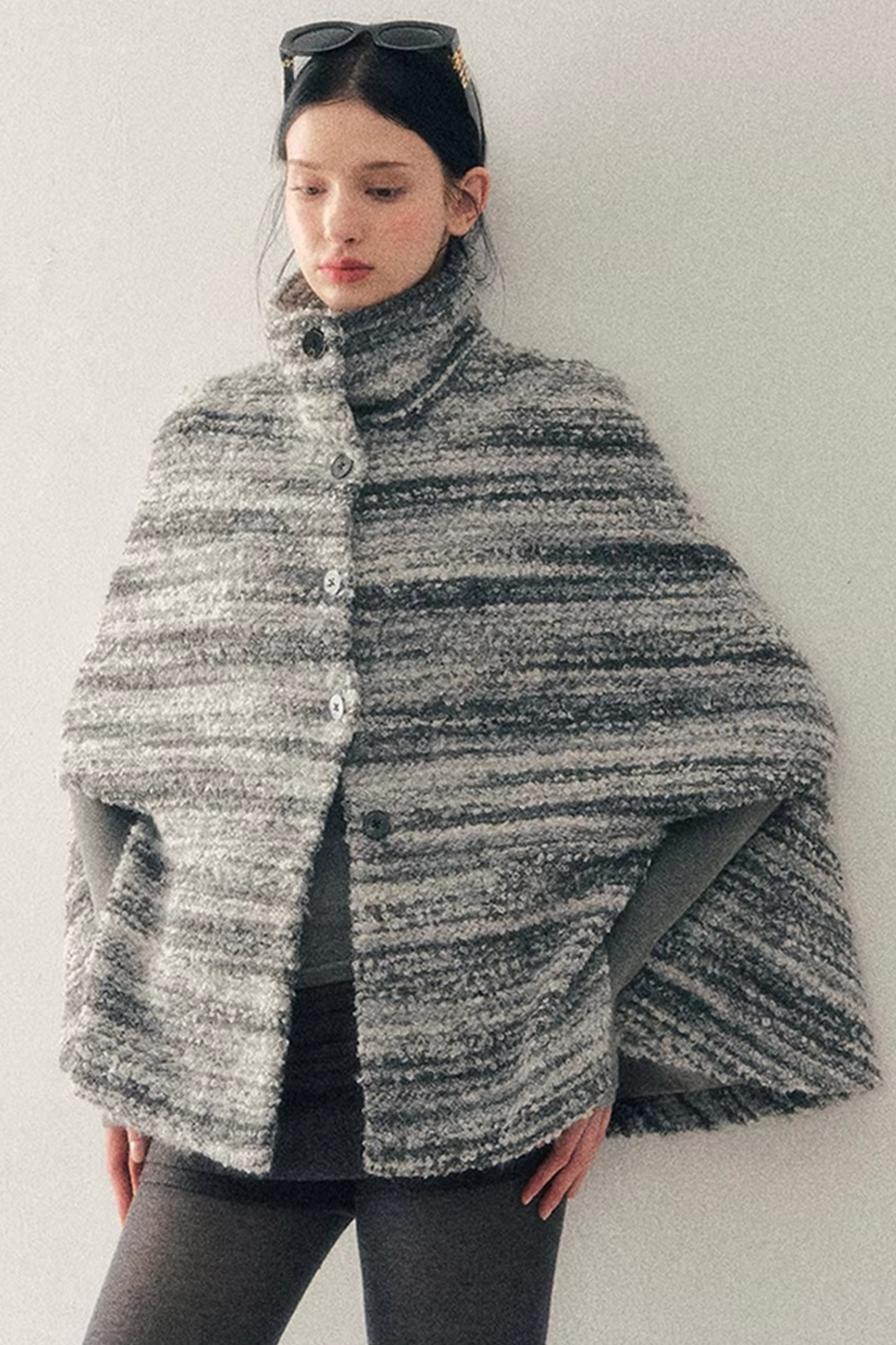 French Striped Wool Cape Coat