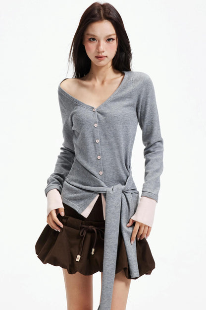 Color-Blocking Knit Off-Shoulder Sweater