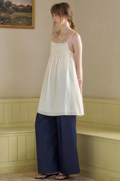 Cow Blue Pleated Denim Wide-Leg Pants Set-Up