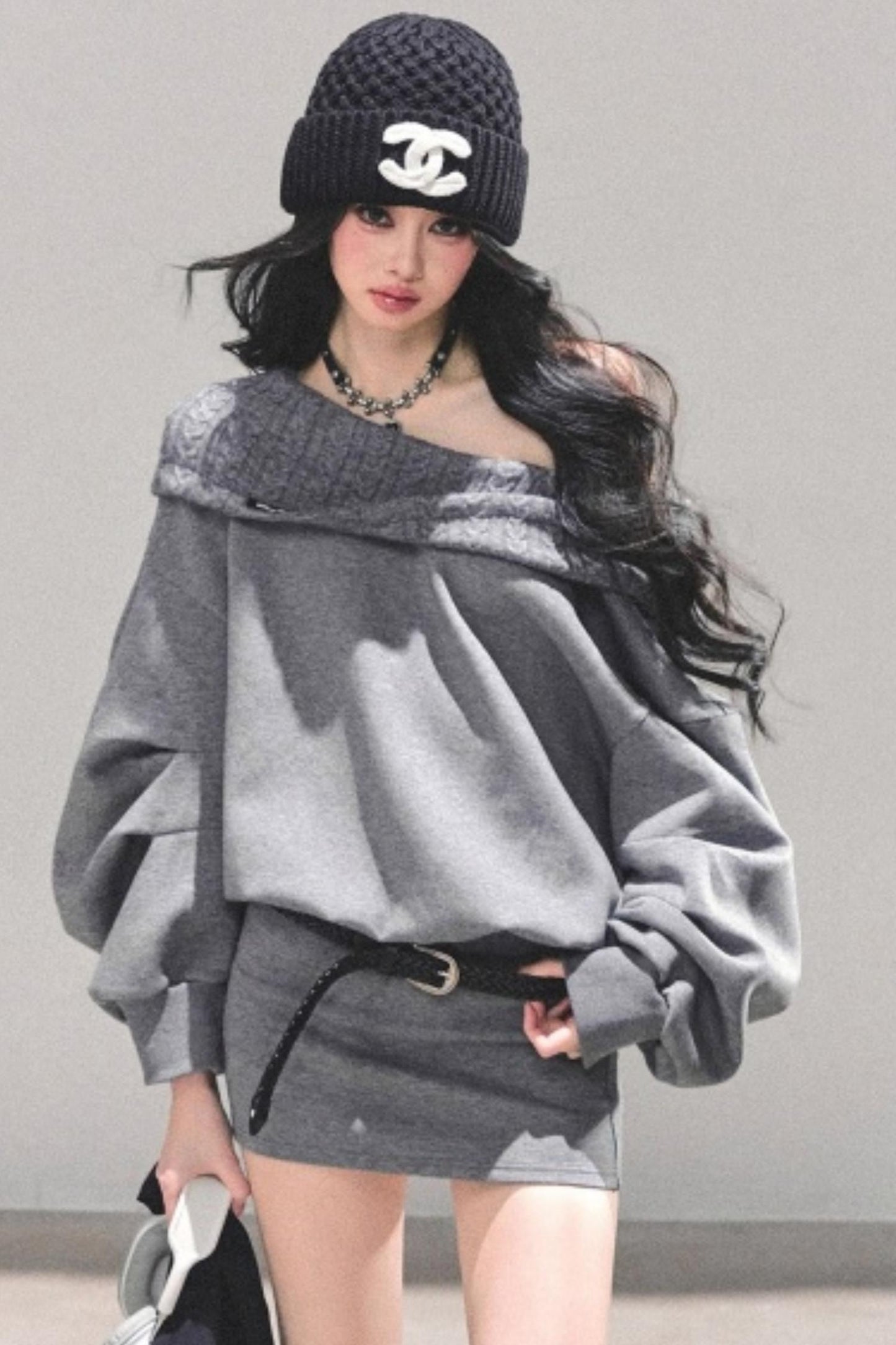 One Shoulder Grayscale Sweatshirt Dress
