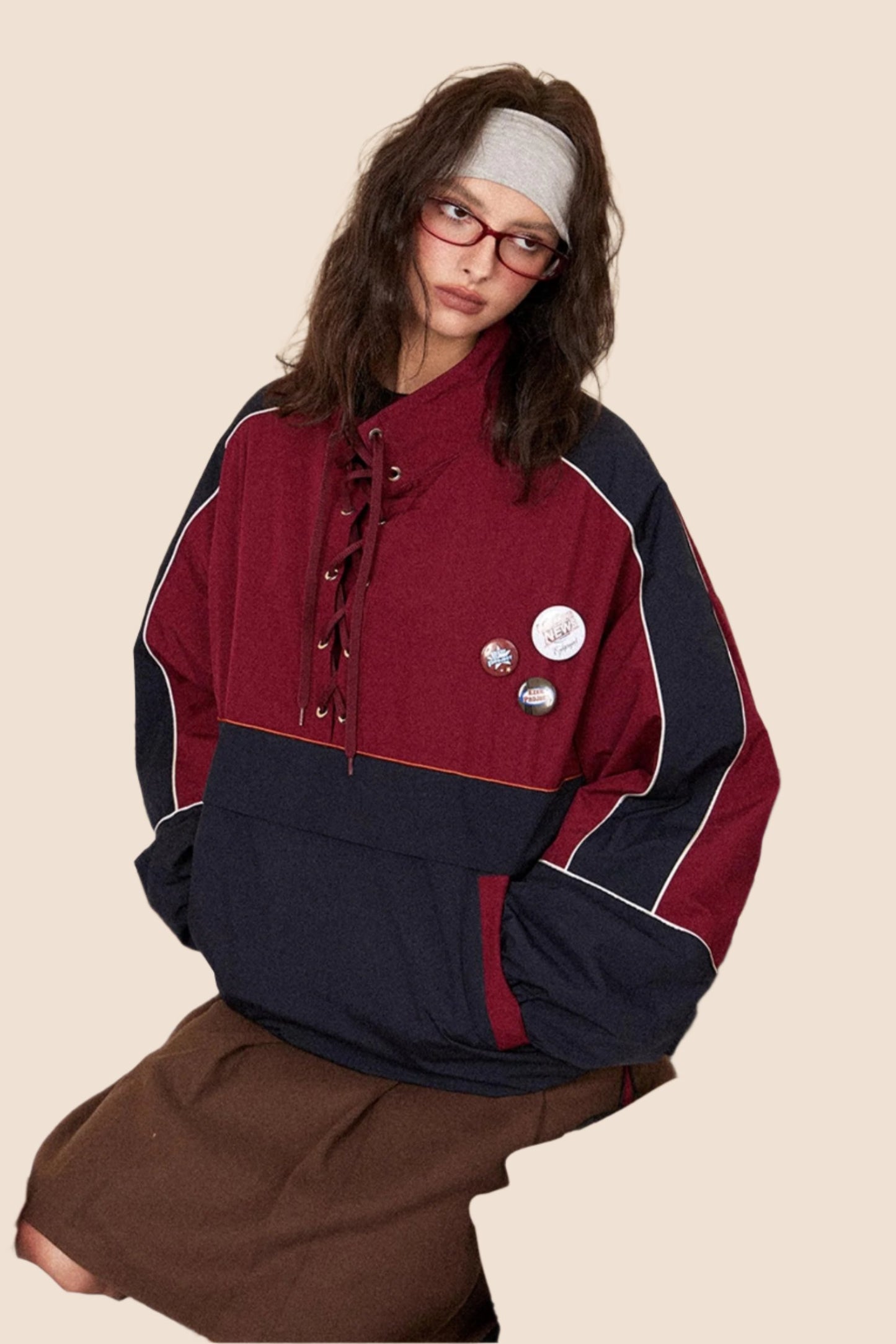 EZEK American Vintage Drawstring Stand Collar, Contrast Panel, Pullover Plus Cotton Padded Sweatshirt, Women's Loose Track Jacket