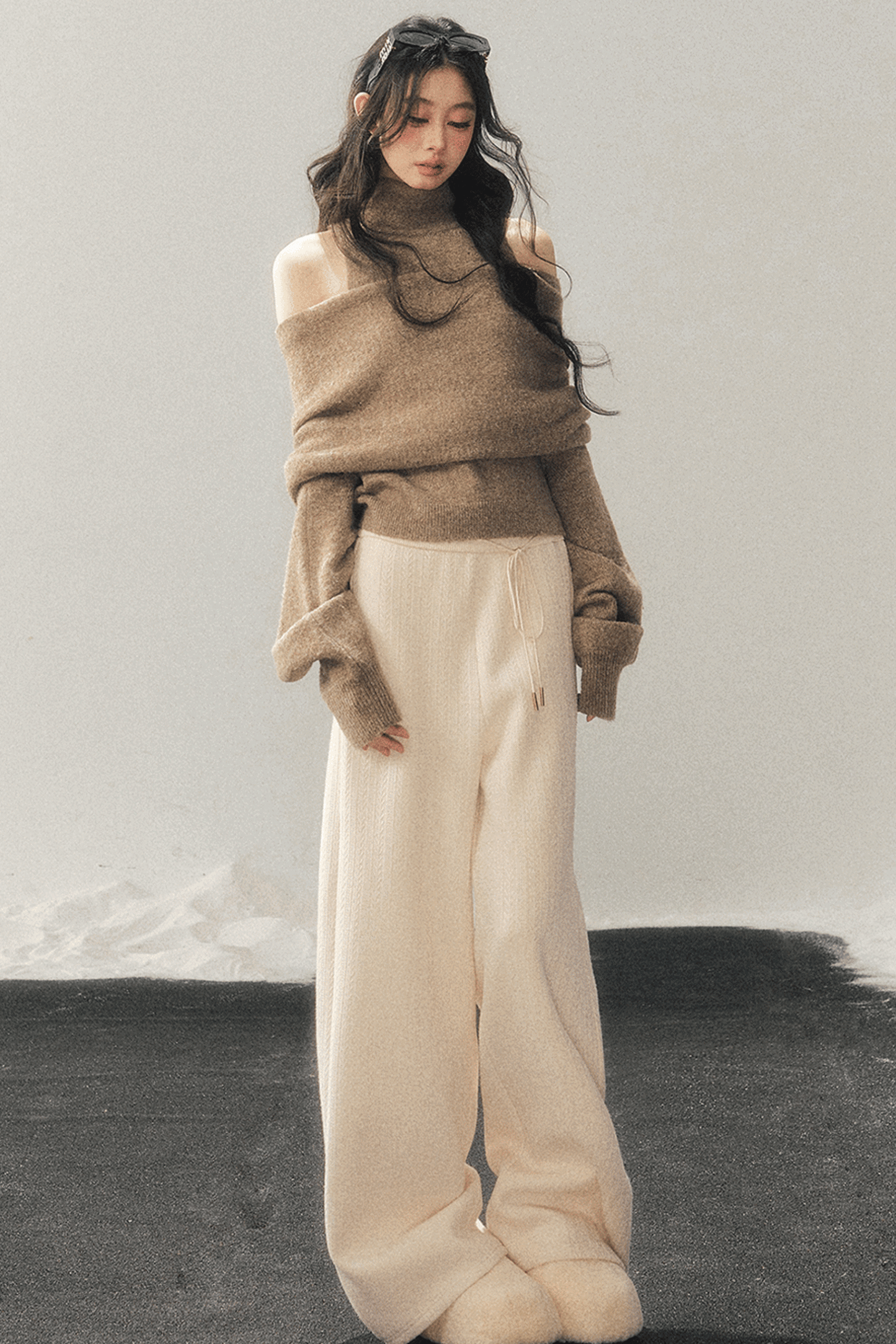 High-Neck Off-Shoulder Knit Sweater Set