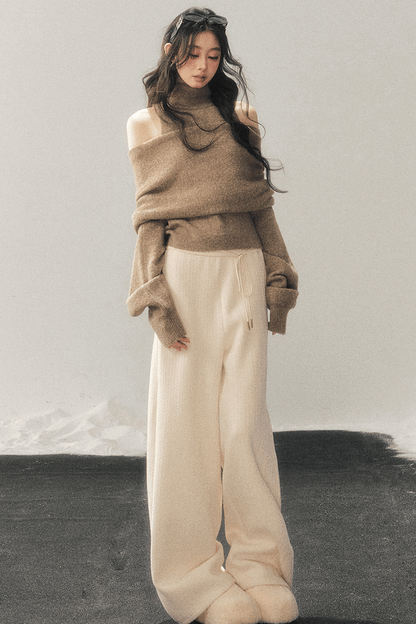 High-Neck Off-Shoulder Knit Sweater Set