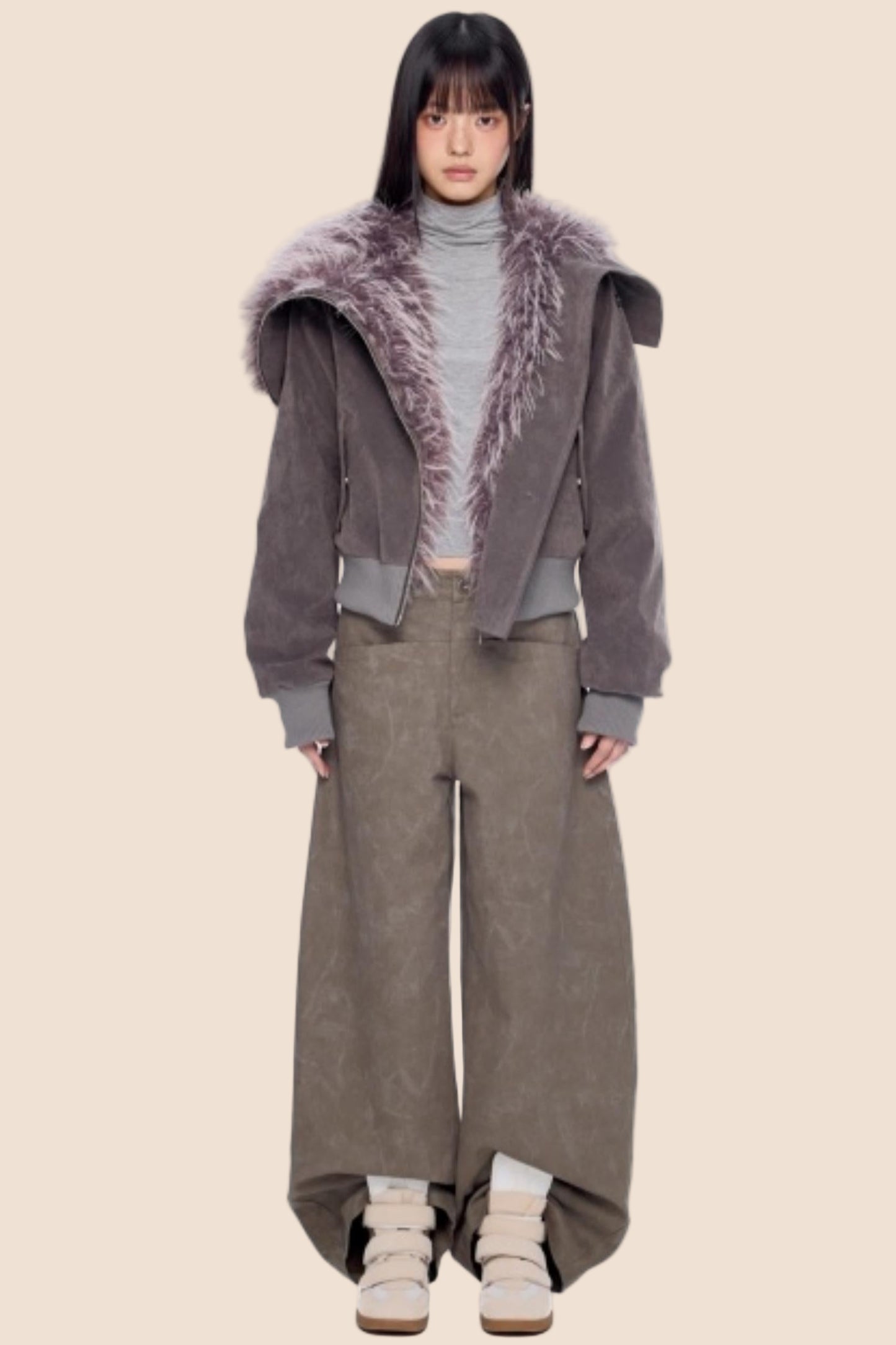 Faux Suede Fur Collar Coat