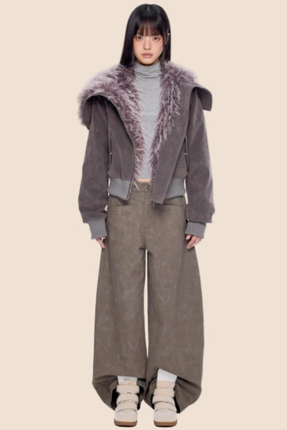 Faux Suede Fur Collar Coat