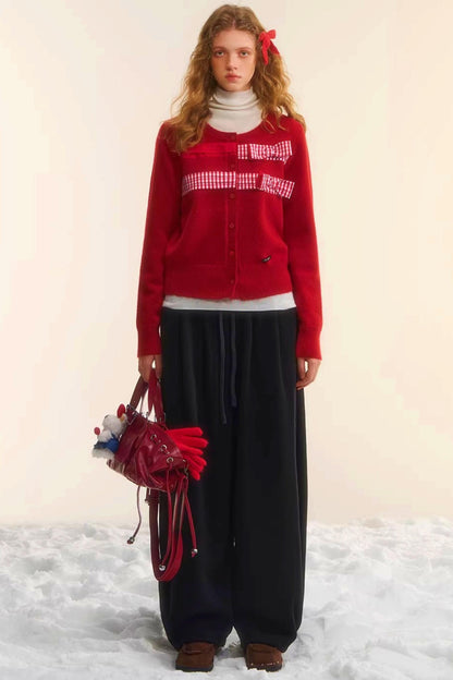 Plaid Patchwork Bow Cardigan