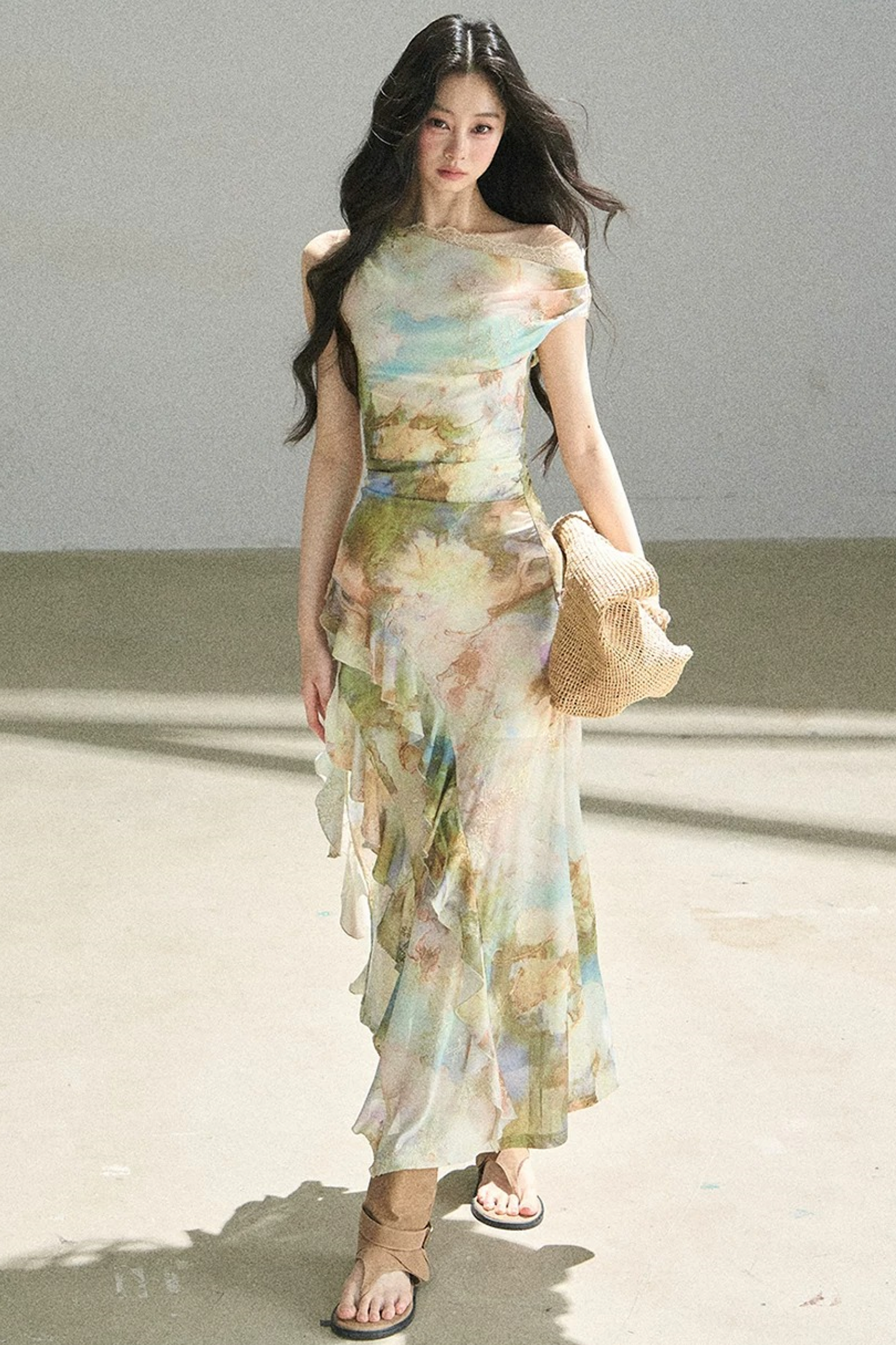 Französisches schulterfreies Kleid im Ölgemälde-Stil