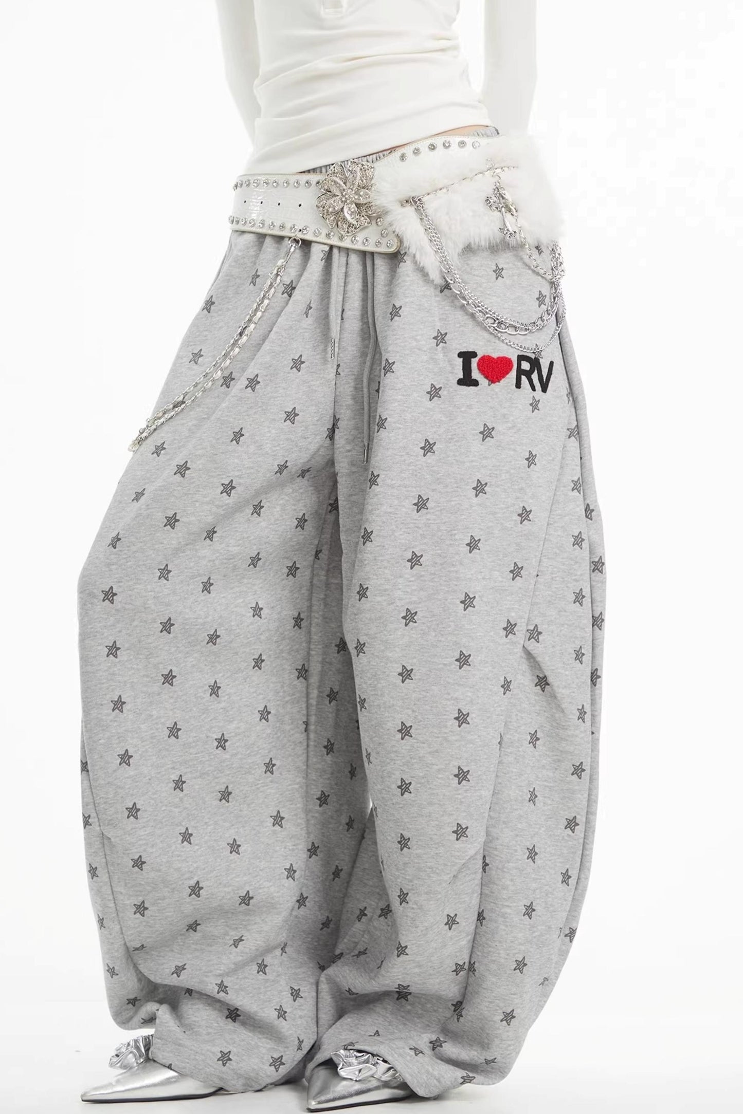 회색 별 프린트 와이드 레그 팬츠