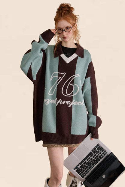 Retro V-Neck Pullover Knit Sweater