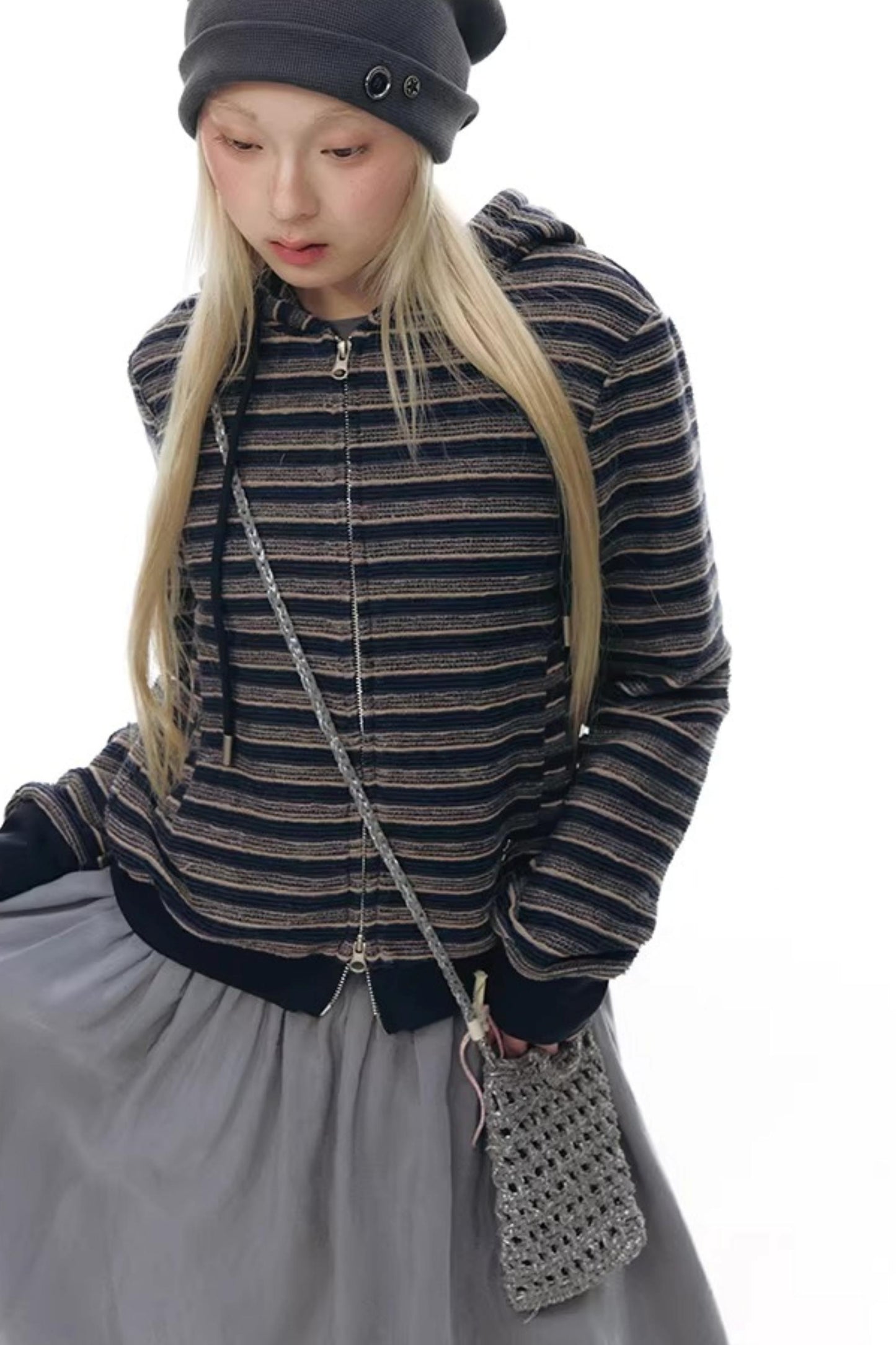 Striped Textured Hooded Sweatshirt