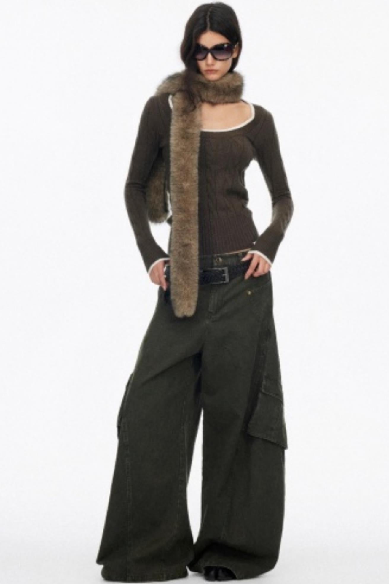 Distressed Washed Wide-Leg Scimitar Pants