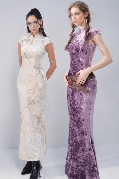 Porcelain Velvet Cheongsam Dress