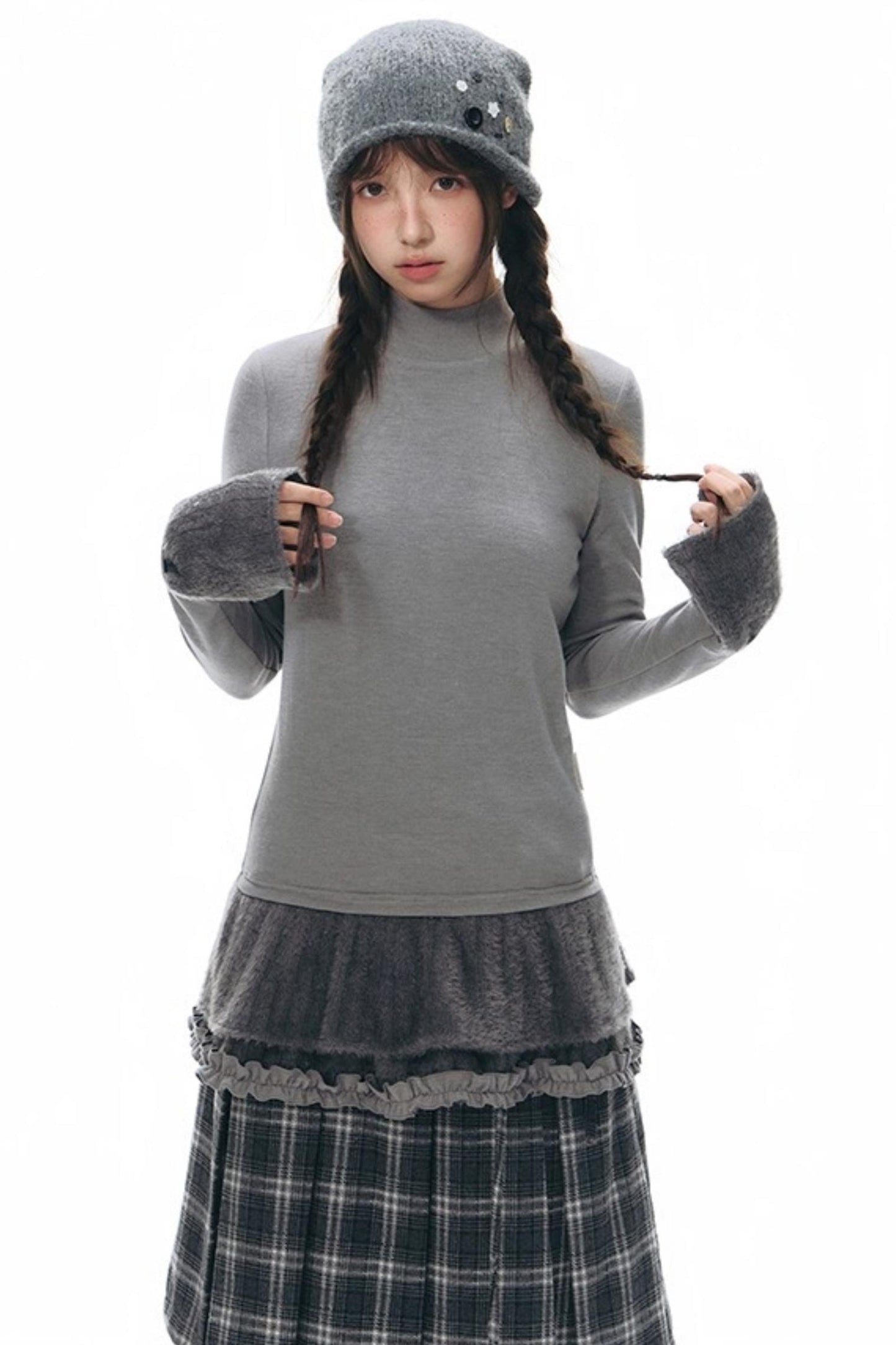 Double Waist Plaid Woolen Pleated Midskirt