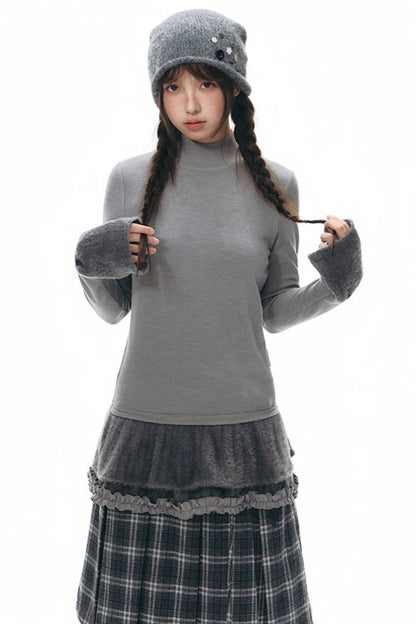 Double Waist Plaid Woolen Pleated Midskirt