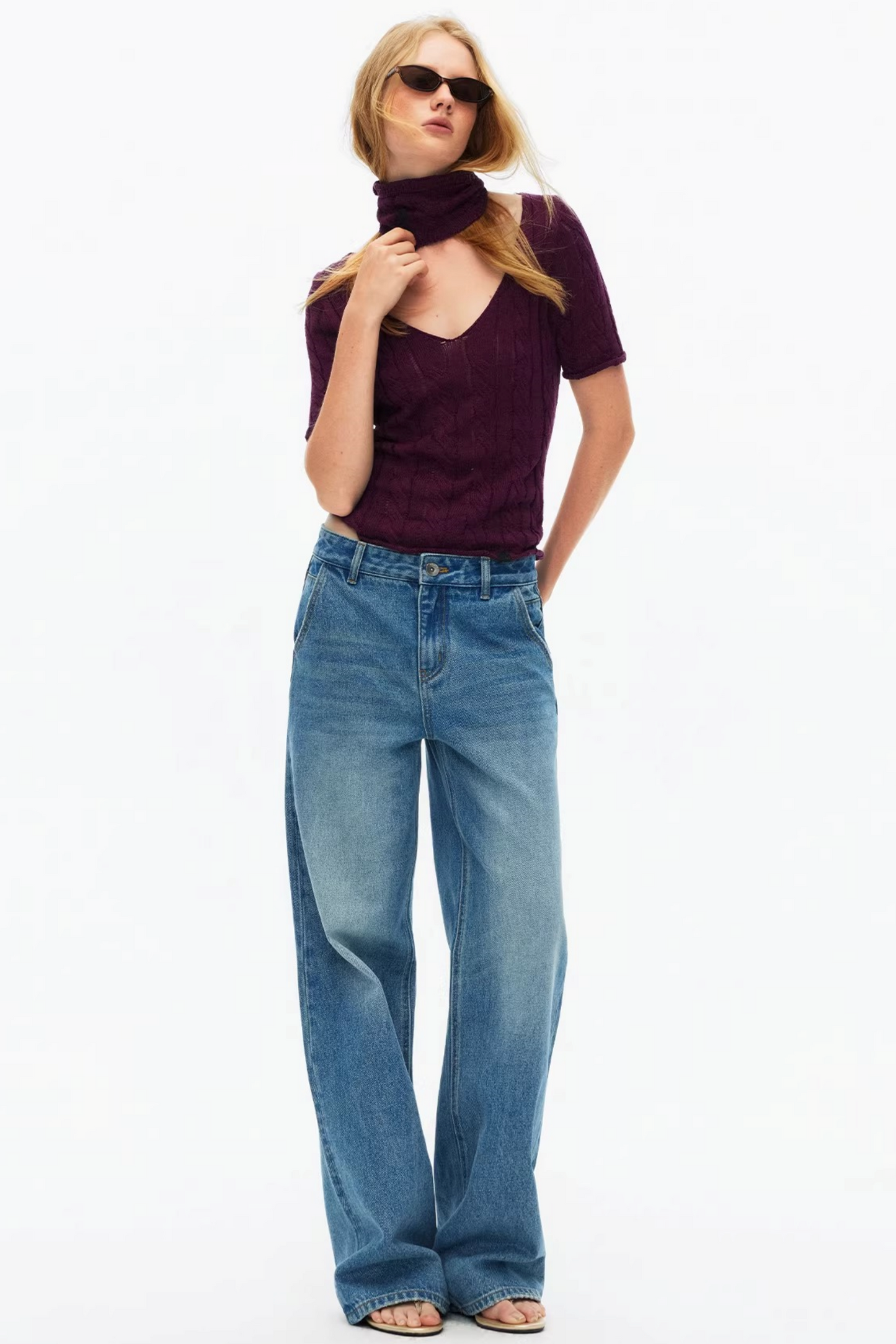 Hollow-Out Knit V-Neck Top