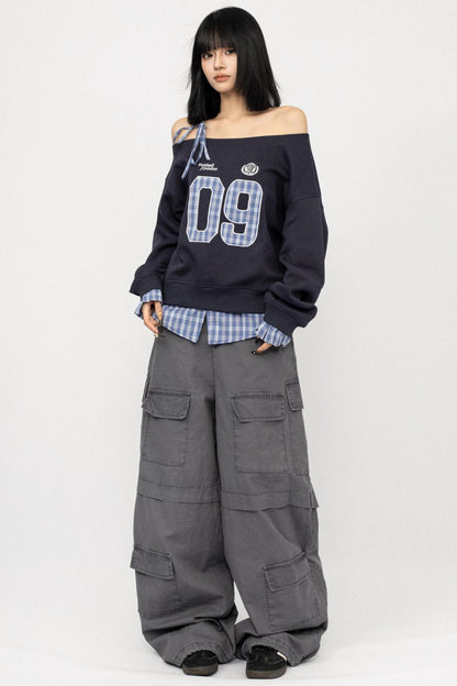 Vintage Plaid One-Shoulder Sweatshirt