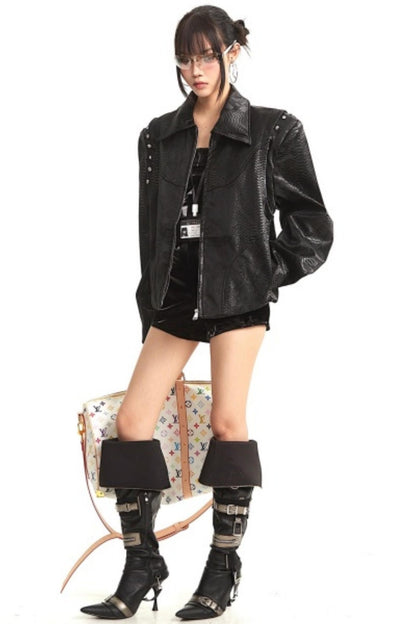 Retro Shoulder-Padded Leather Jacket