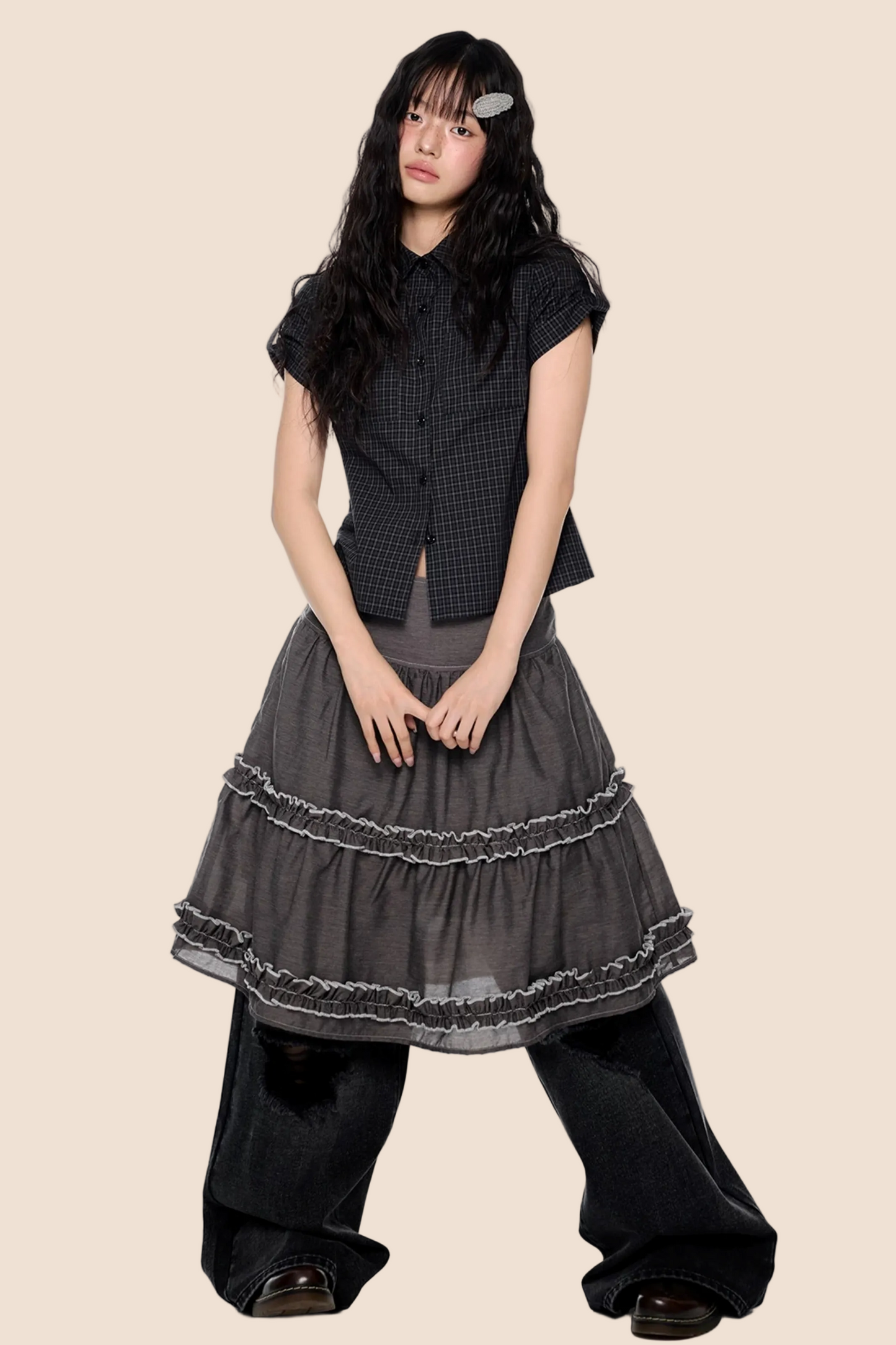 Plaid Retro Short Blouse Set-Up