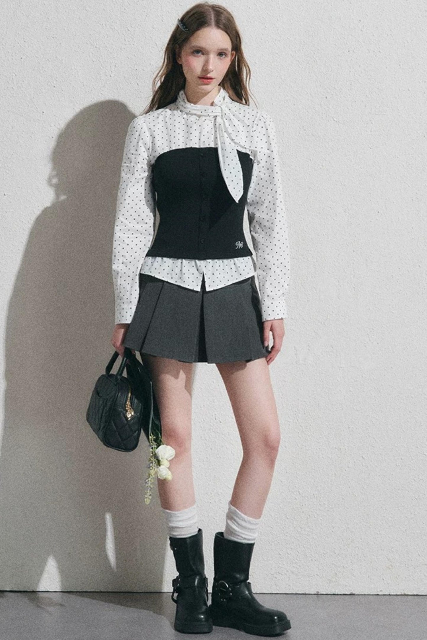 Bow Tie Spliced Shirt and Pleated Mini Skirt Set-Up
