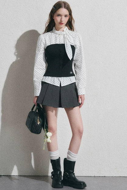 Bow Tie Spliced Shirt and Pleated Mini Skirt Set-Up