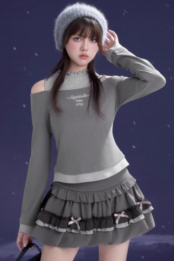 Gray-Purple Bowknot Off-Shoulder Top