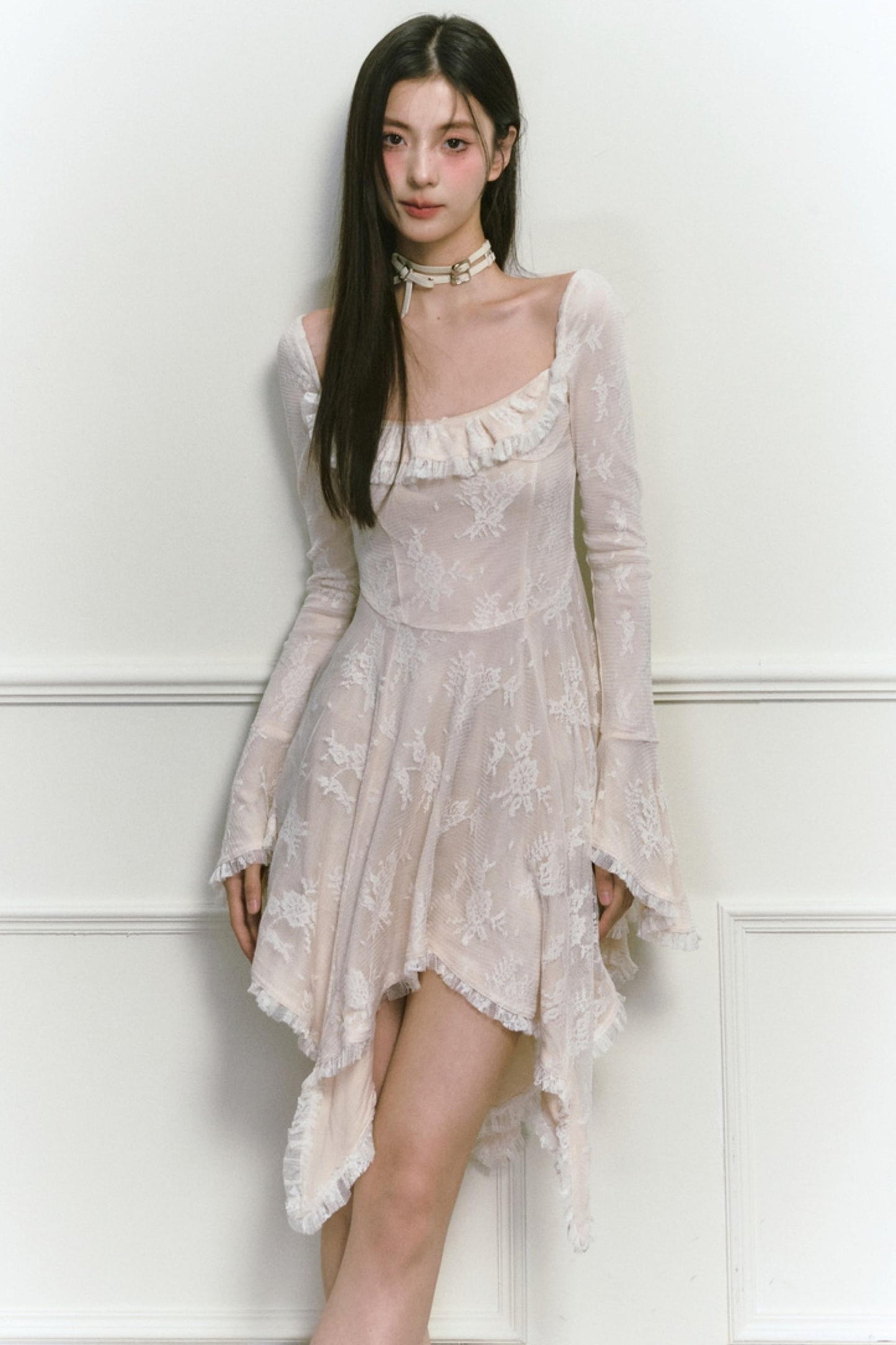 Square Neck Asymmetric Long Sleeve Dress