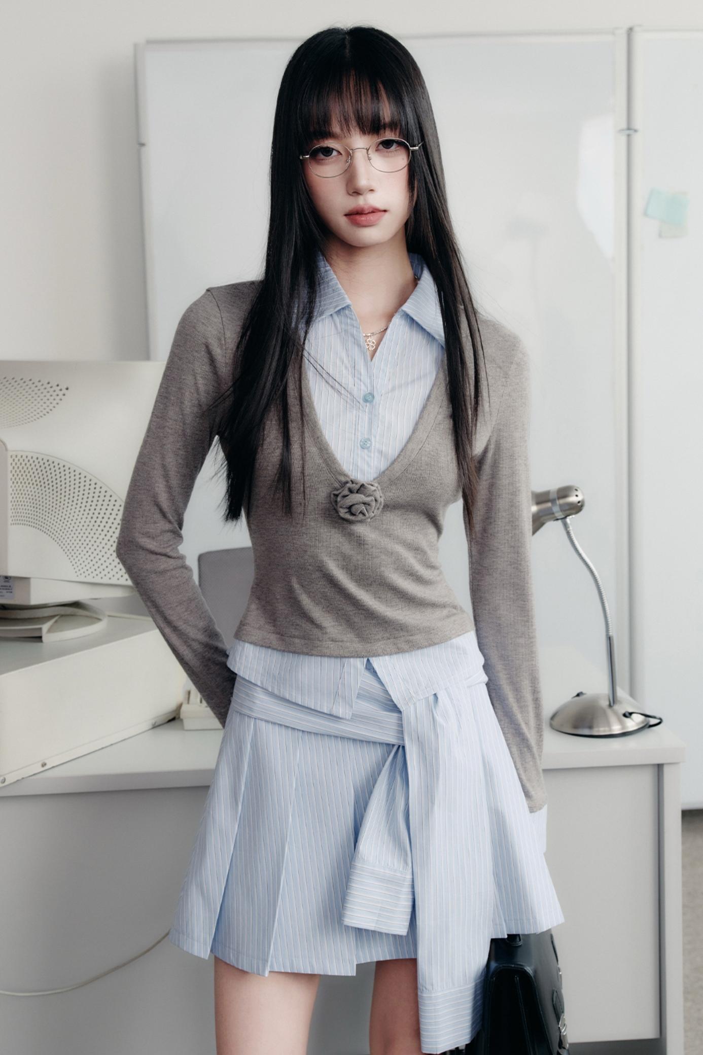 Preppy Blue Stripe Long Sleeves Shirt Set-Up