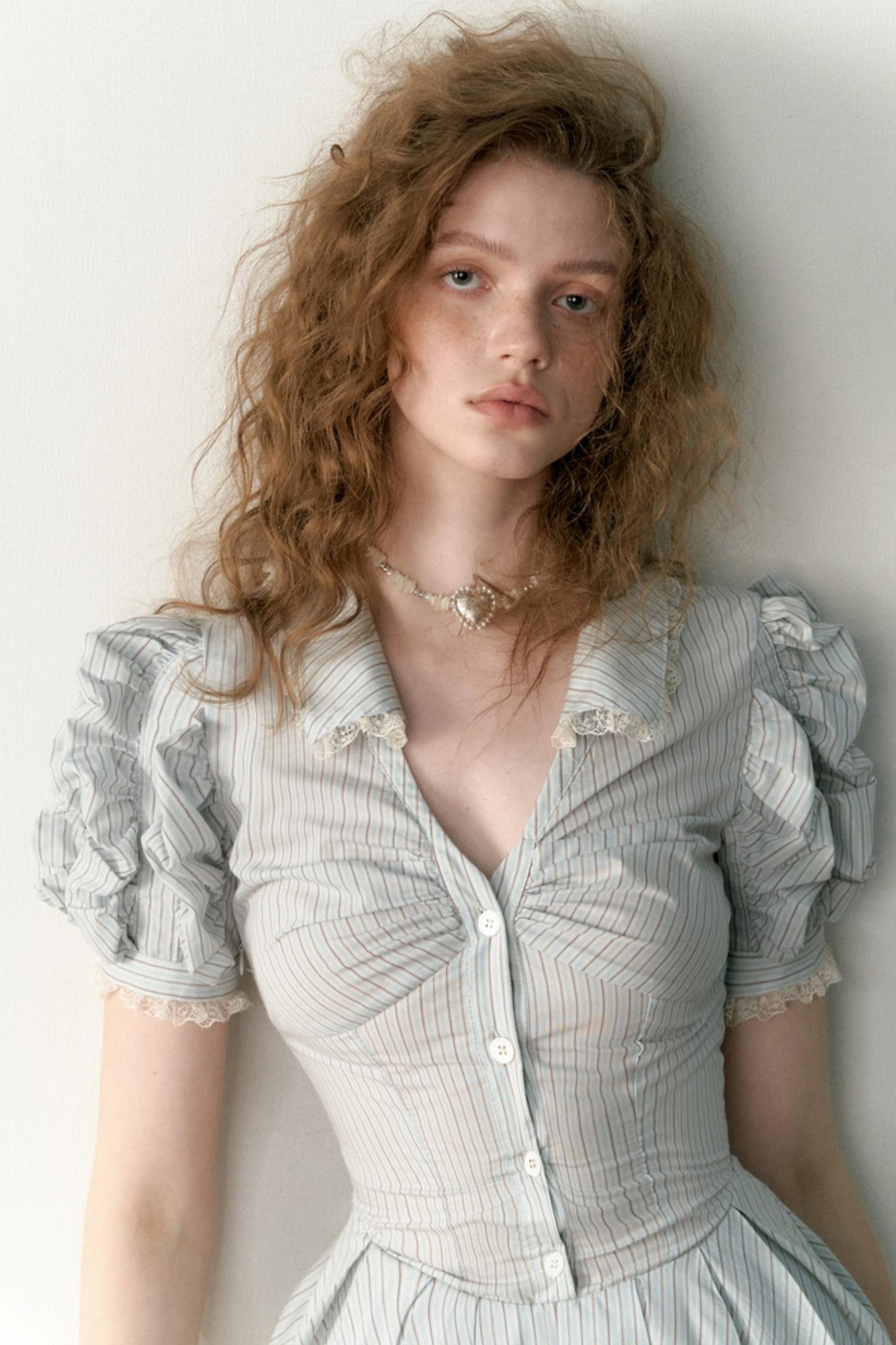 Blue Striped Bubble Sleeve Floral Pleated Dress