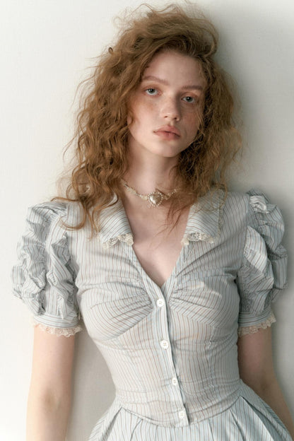 Blue Striped Bubble Sleeve Floral Pleated Dress