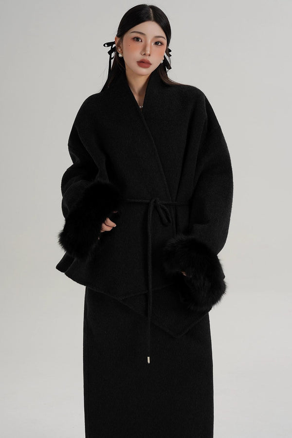 Elegant Fox Fur Sleeve Wool Coat