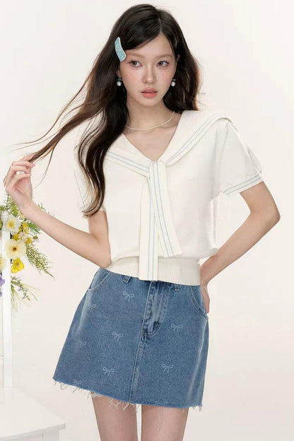Sweet Sailor Collar Knit Top Set-Up