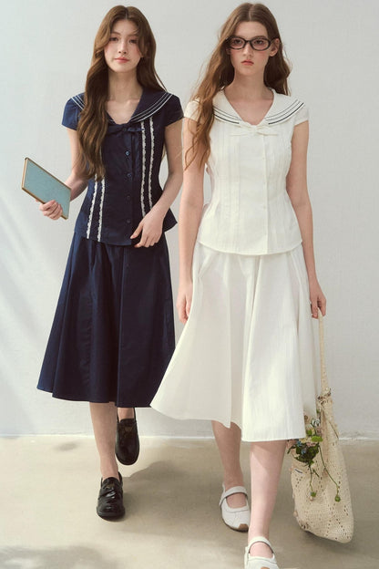 Navy Collar Skirt Suit Set-Up