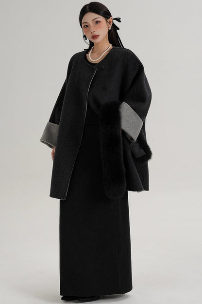 Elegant Fox Fur Collar Wool Cape Coat