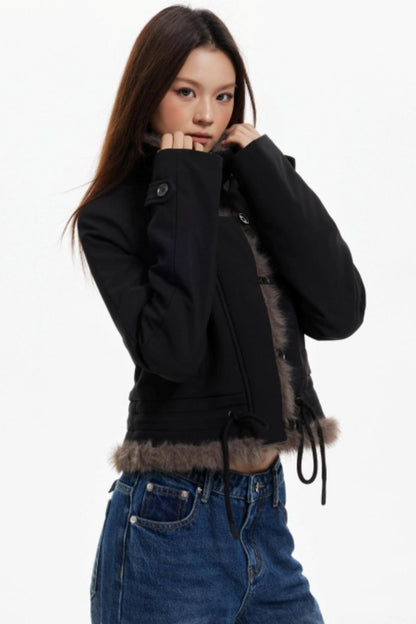 Plush Collar Slim Zippered Jacket