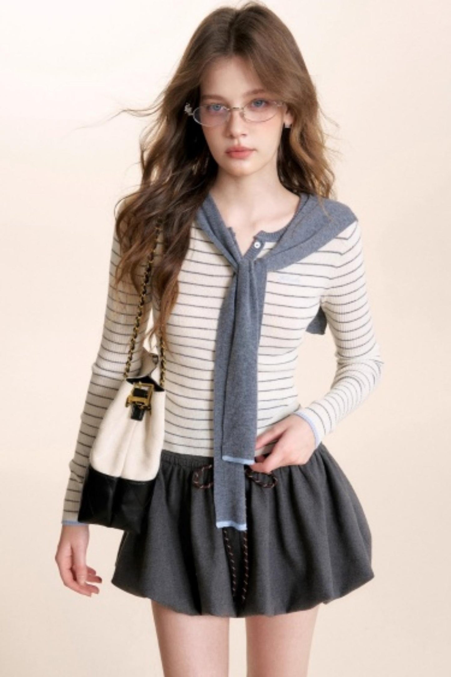 Color-Blocked Woolen Puff Skirt