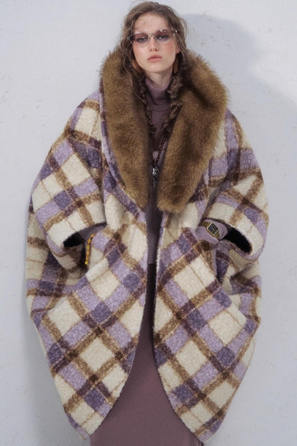 Plaid Fur Collar Woolen Coat