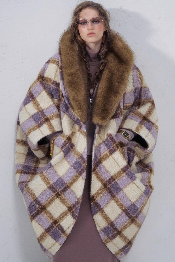 Plaid Fur Collar Woolen Coat