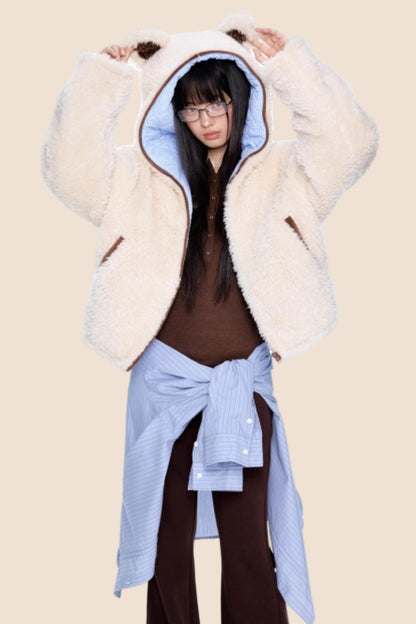 Ear-Flap Striped Faux Shearling Jacket